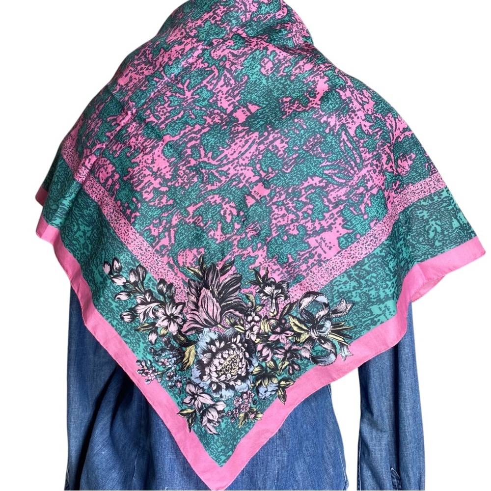 Vintage Floral Scarf Teal Pink - Picture 3 of 4